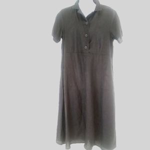 FLAX Lg Vintage New Linen Short Sleeve Black Maxi Shirt Dress w Buttons & Collar